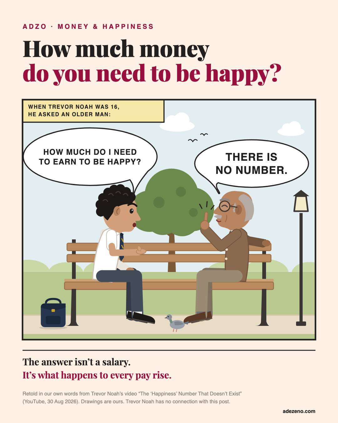 A comic panel in a park: Trevor Noah at 16, in his school shirt and tie, sits on a bench facing an older man in a cardigan and asks how much he needs to earn to be happy. The man raises one finger: there is no number.