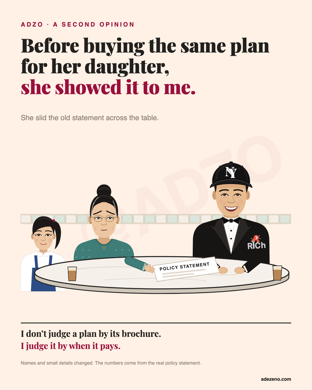 At a kopitiam table the mother slides the old policy statement across to Ade in his NY cap and tuxedo, her 12-year-old daughter beside her.