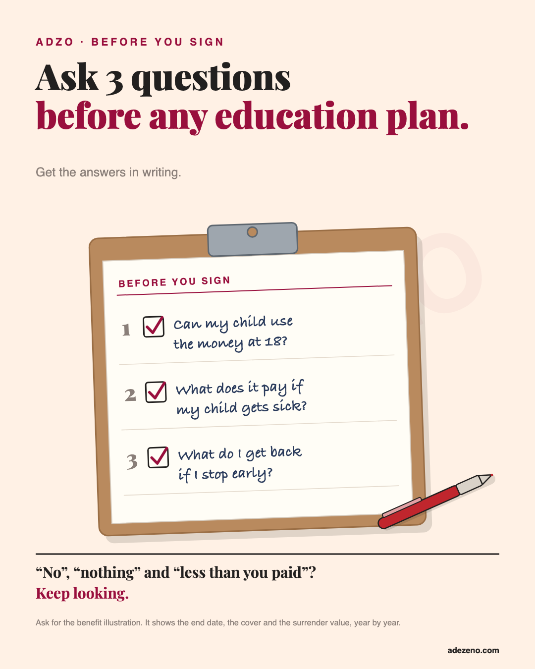 A clipboard titled Before you sign with three ticked questions: can my child use the money at 18, what does it pay if my child gets sick, what do I get back if I stop early.