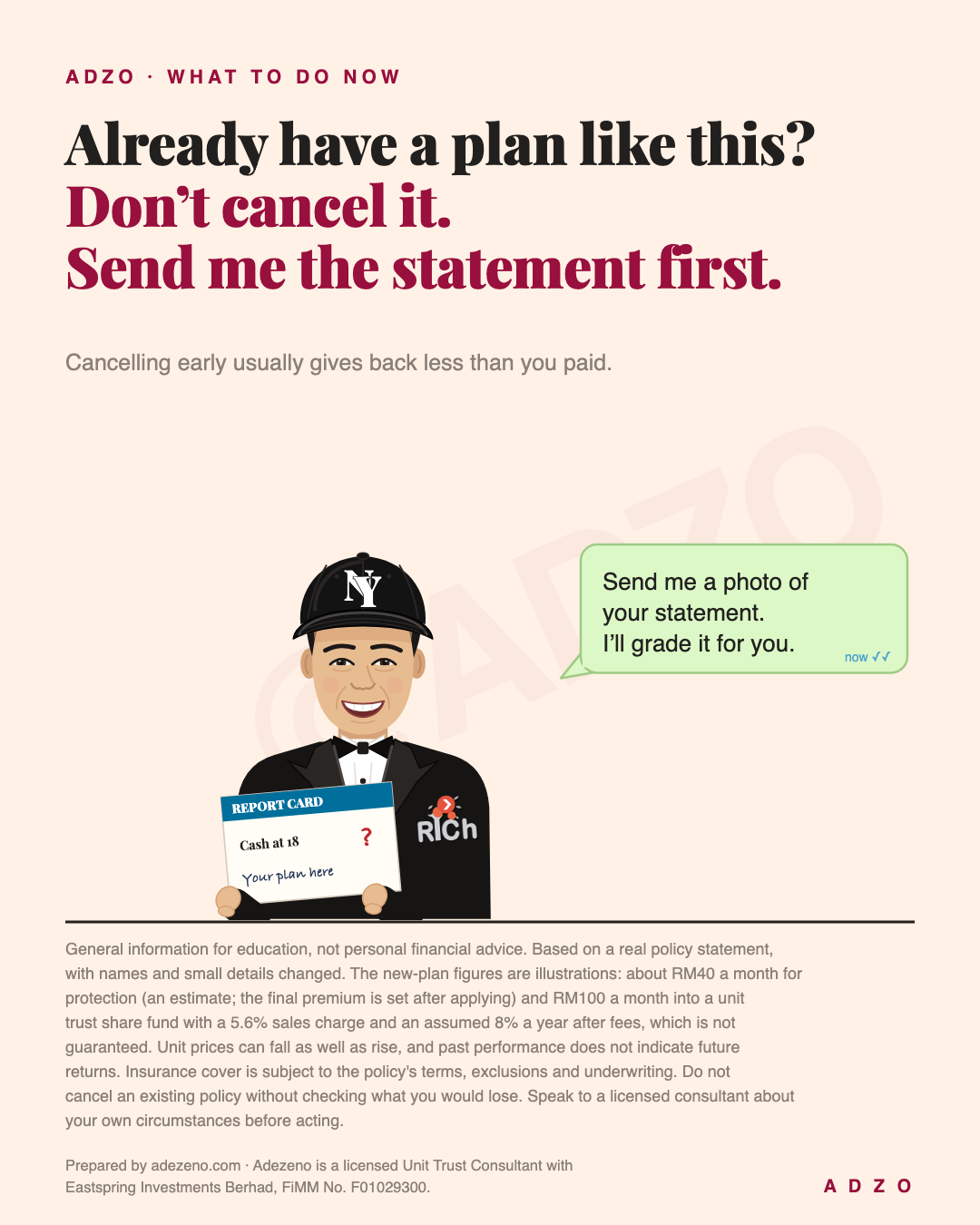 Ade in his NY cap and tuxedo holds a report card marked cash at 18 with a question mark, beside a chat bubble saying send me a photo of your statement, I'll grade it for you.